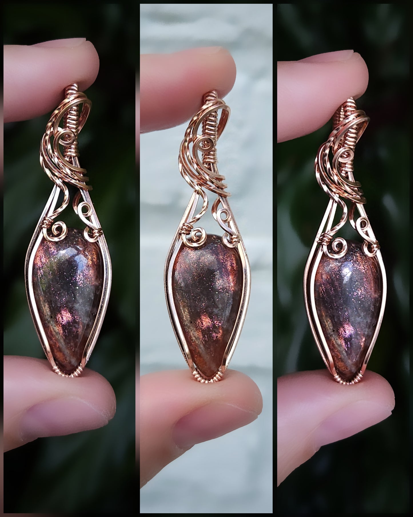 Purple haze zonnesteen 14k rose goldfill wire wrap hanger