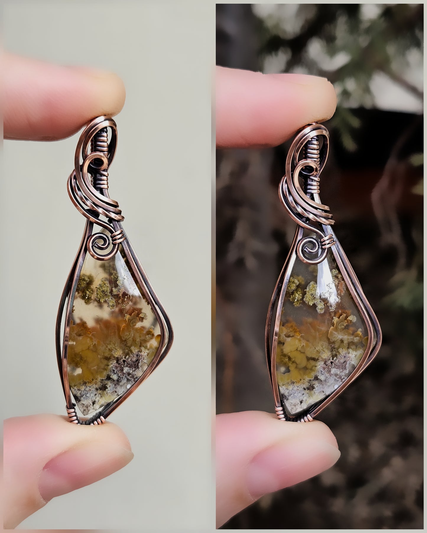 Moss agaat antiek koper wire wrap hanger (verzending mogelijk na 12 mei)