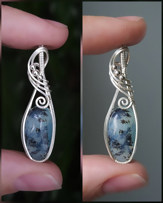 Blauwe Peruaanse Andes opaal 925 sterling zilver wire wrap hanger