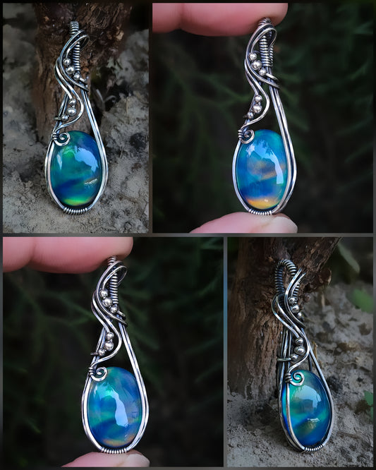Aurora opal (manmade) antique 925 sterling silver wire wrap (PRE-ORDER / half deposit of 90)