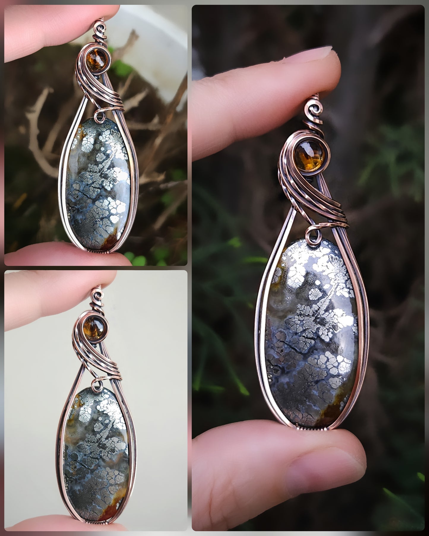 Marcasite and Citrine Antique Copper Wire Wrap Pendant (PRE-ORDER / Half Deposit of $95)