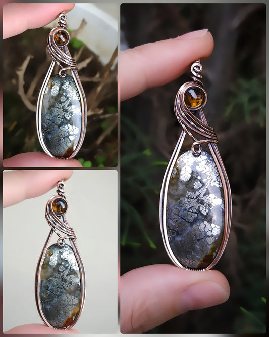 Marcasite and Citrine Antique Copper Wire Wrap Pendant (PRE-ORDER / Half Deposit of $95)