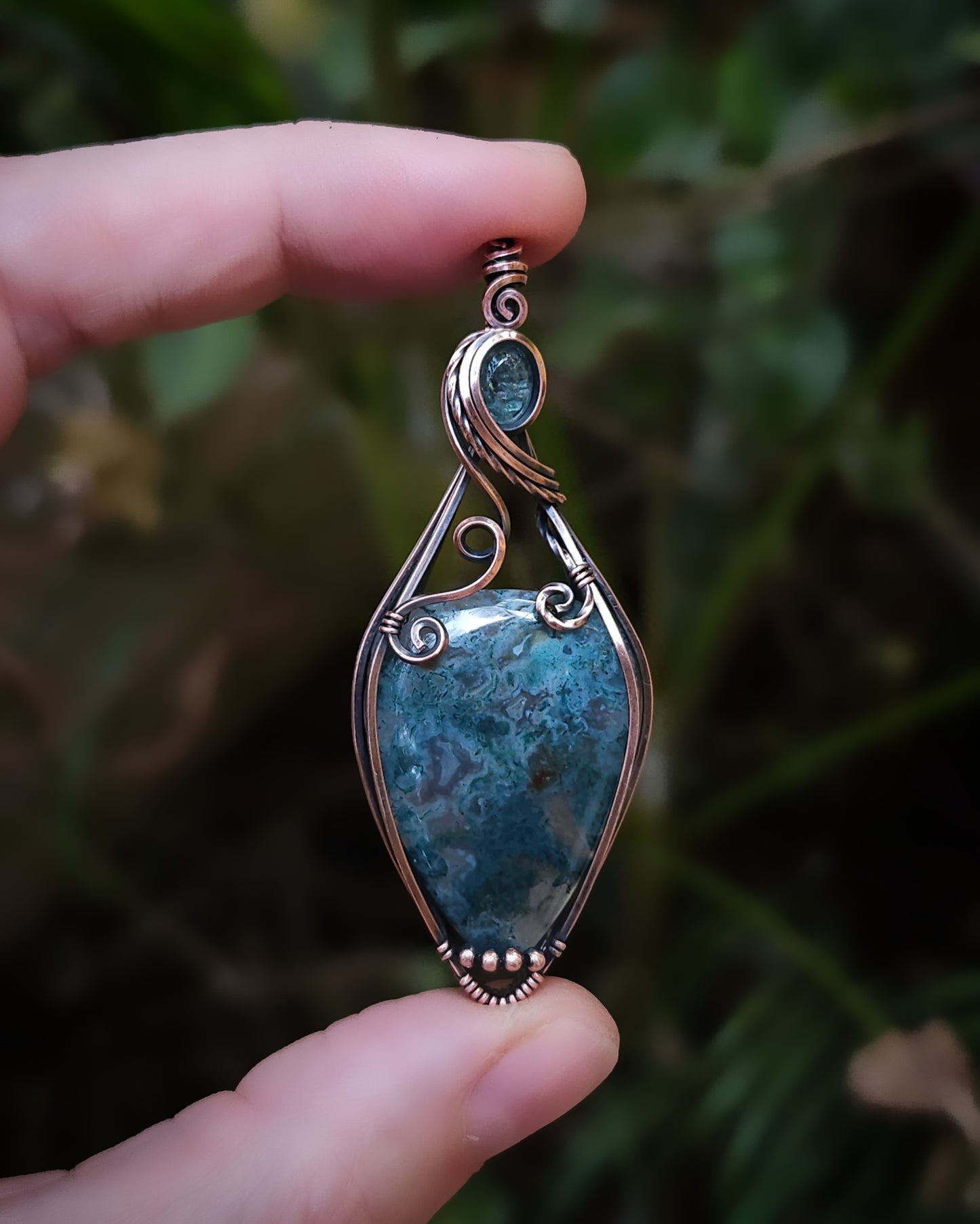 Moss agaat en aquamarijn antiek koper wire wrap hanger (CUSTOM VOOR Audrey : de helft aanbetaling van 87,50)