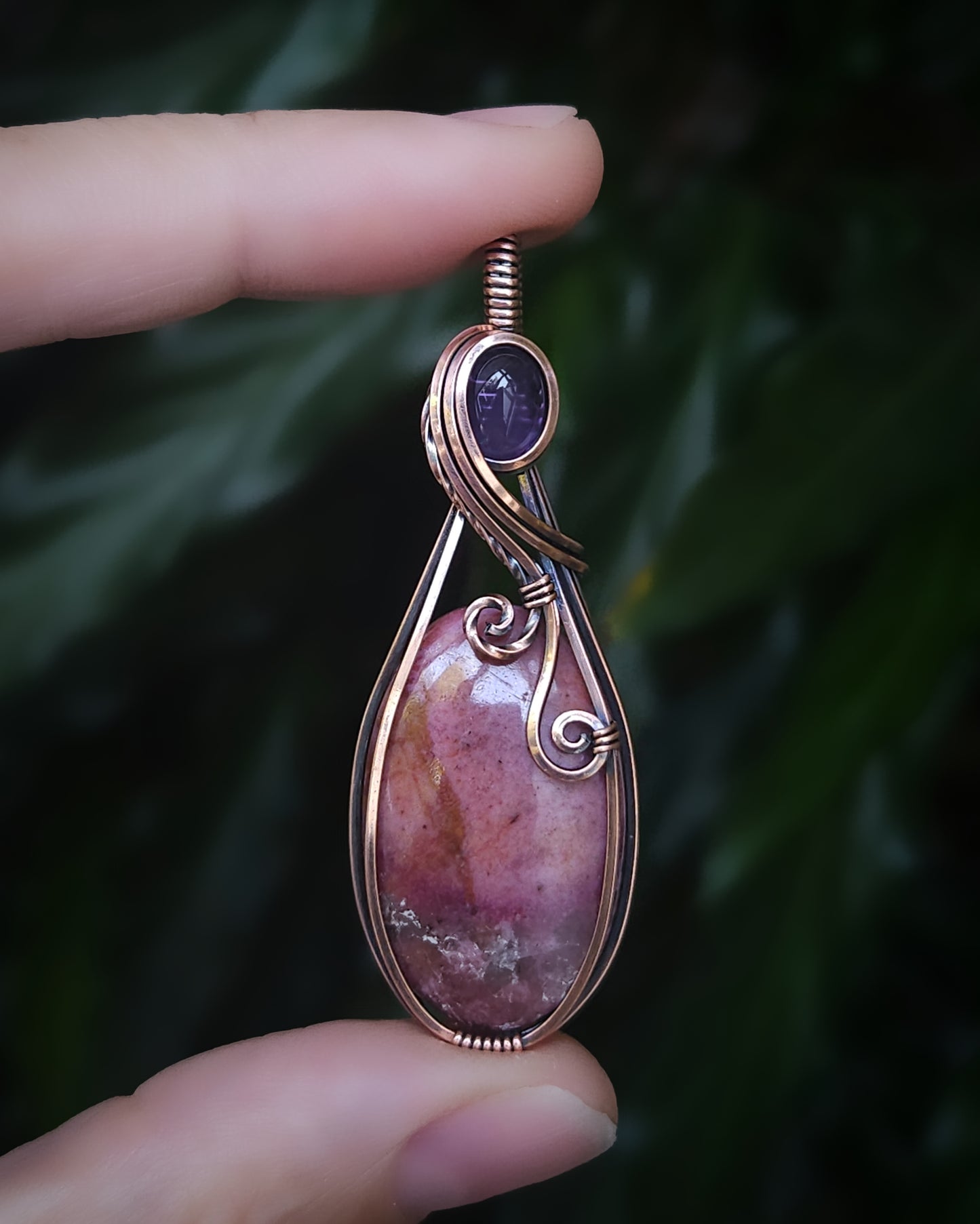 Cobalt calcite and amethyst antique copper wire wrap pendant