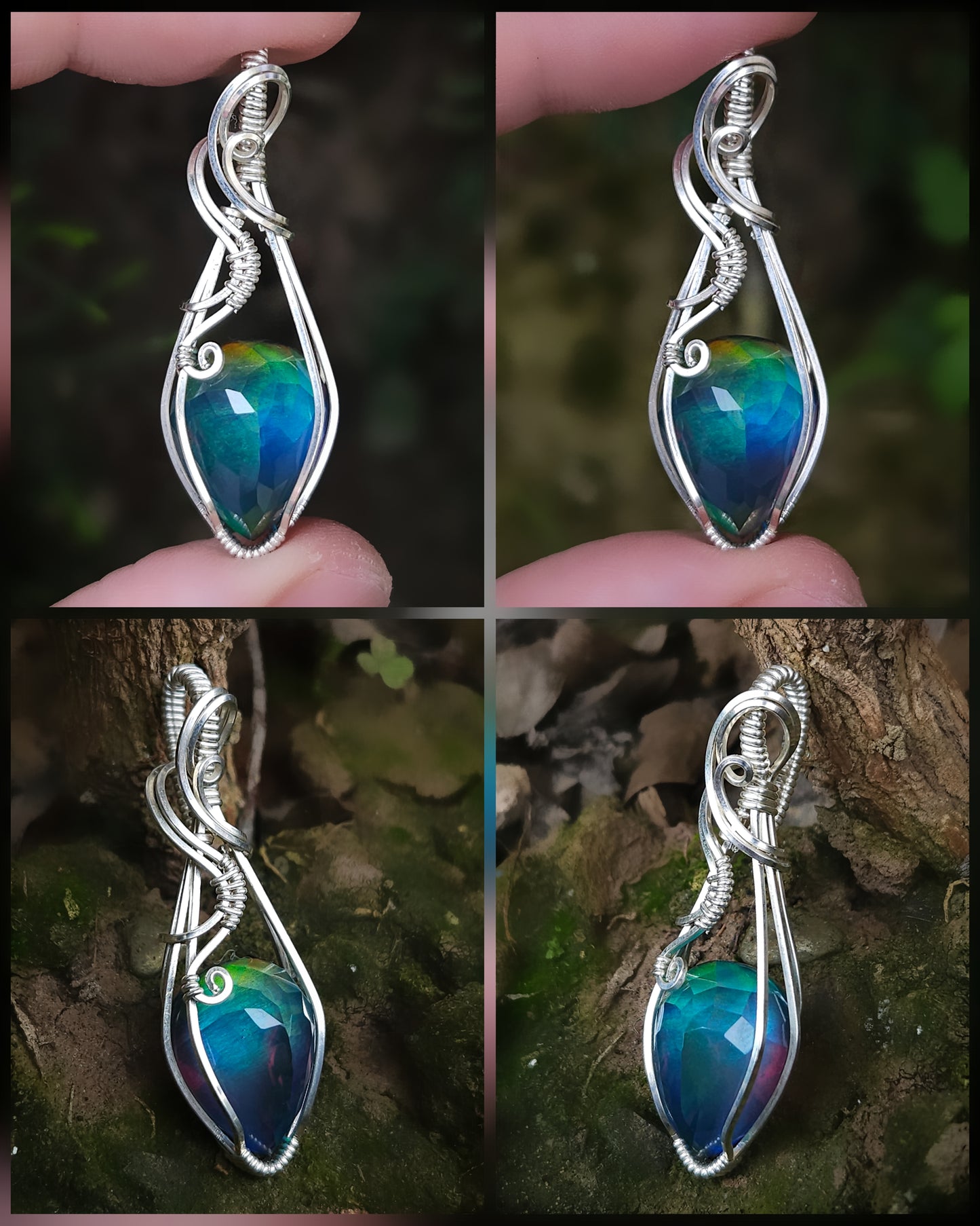 Aurora opal 'Northern Lights' point rose-cut (man-made) 925 sterling silver wire wrap (PRE-ORDER / half deposit of 90)