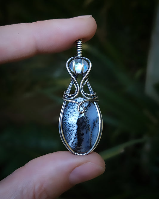 Dendritisch opaal en regenboog maansteen antiek 925 sterling zilver wire wrap (PRE-ORDER / de helft aanbetaling van 120)