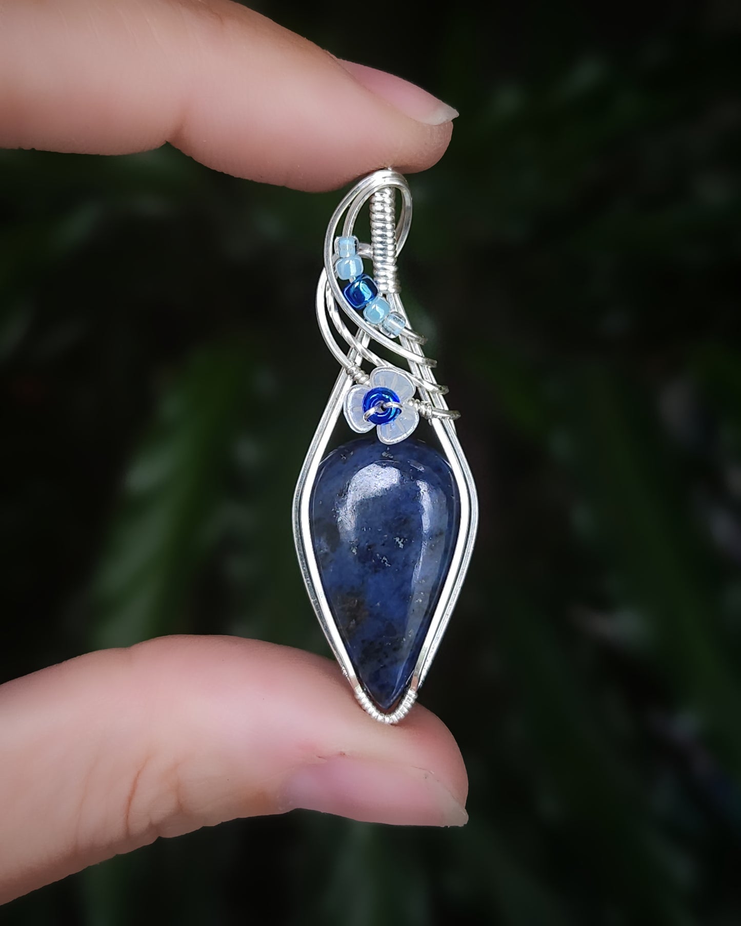 Dumortierite 925 sterling silver wire wrap with flower