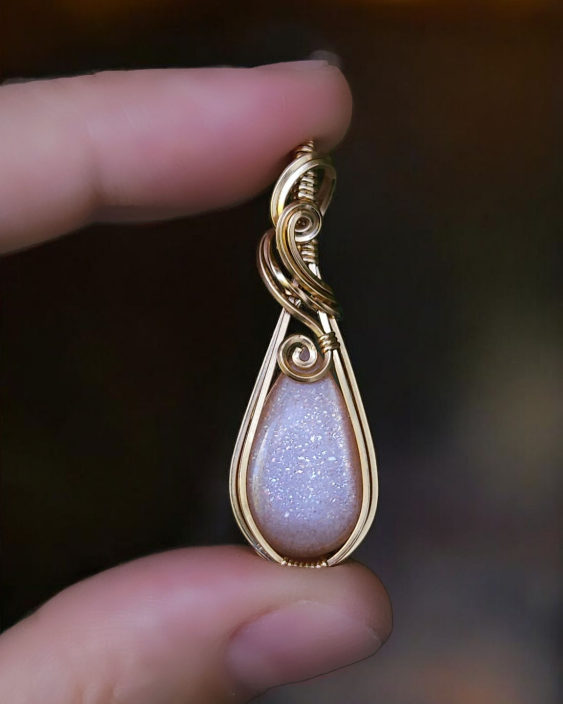 Peach maansteen 14k goldfill wire wrap hanger