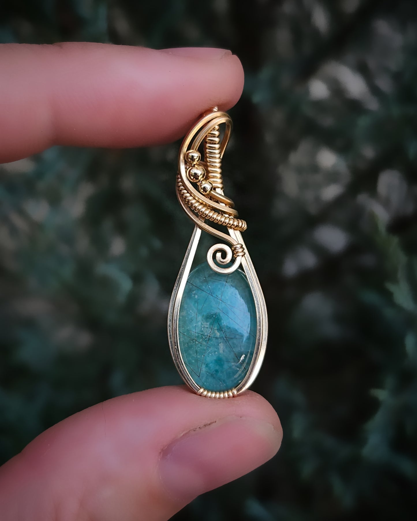 Apatite rutile doublet 14k goldfill wire wrap pendant