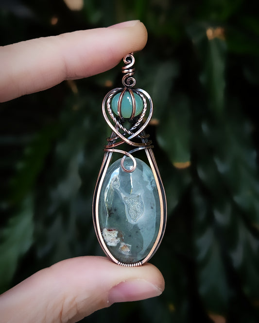 Aqua chalcedoon antiek koper wire wrap hanger