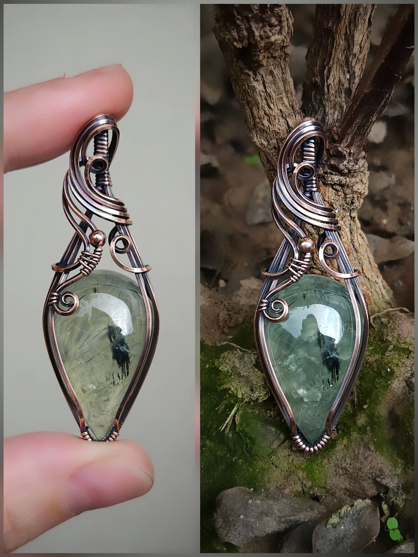 Prehniet met rutiel antiek koper wire wrap hanger (PRE-ORDER / de helft aanbetaling van 70)