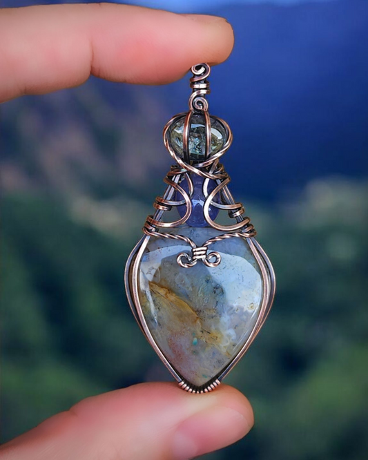 Agaat en paarse+ groene tanzaniet antiek koper wire wrap hanger (PRE-ORDER / de helft aanbetaling van 135)
