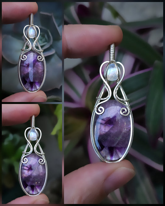 Amethist parelmoer doublet en regenboog maansteen 925 sterling zilver wire wrap (PRE-ORDER / de helft aanbetaling van 120)