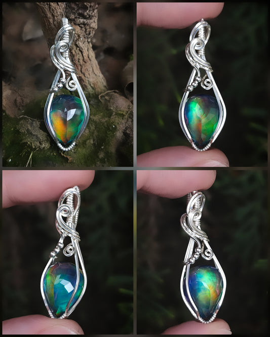Aurora opal 'Northern Lights' point rose-cut (man-made) 925 sterling silver wire wrap (PRE-ORDER / half deposit of 90)