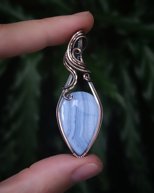 Blue lace agate copper wire wrap pendant