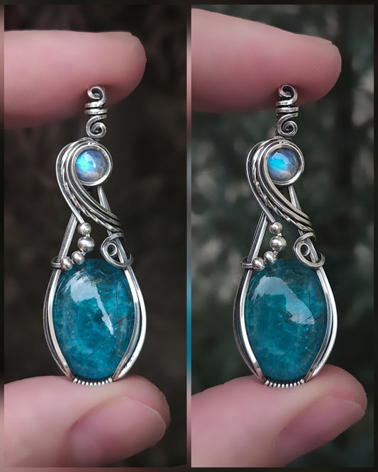Apatite rutile doublet and rainbow moonstone antique 925 sterling silver wire wrap (PRE-ORDER / half deposit of 110)