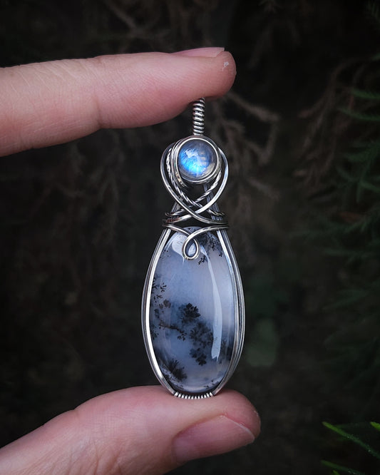 Dendritic Opal and Rainbow Moonstone Antique 925 Sterling Silver Wire Wrap (PRE-ORDER / Half Deposit of 125)