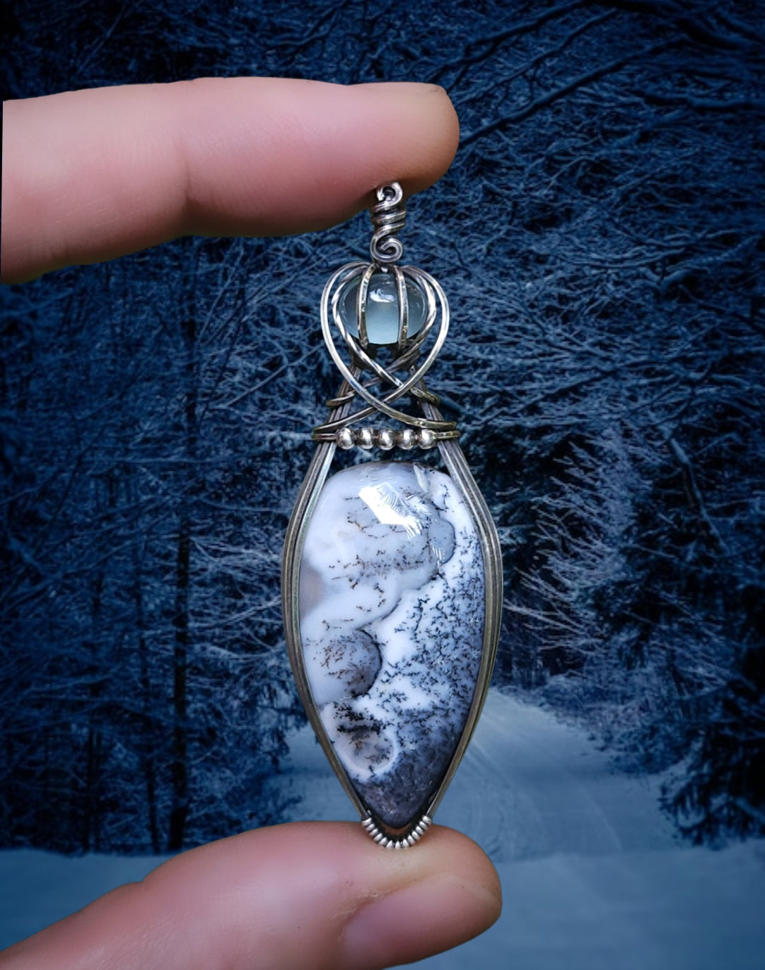 Dendritische opaal en chalcedoon 925 sterling zilver wire wrap