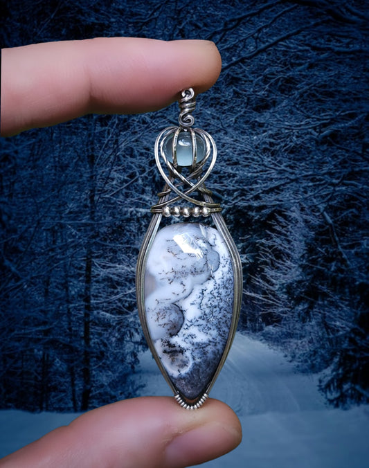 Dendritische opaal en chalcedoon 925 sterling zilver wire wrap